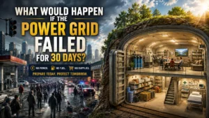 A month-long power grid failure contrasts a dark, powerless city above ground with a modern underground survival community featuring independent power, food storage, and secure living spaces.