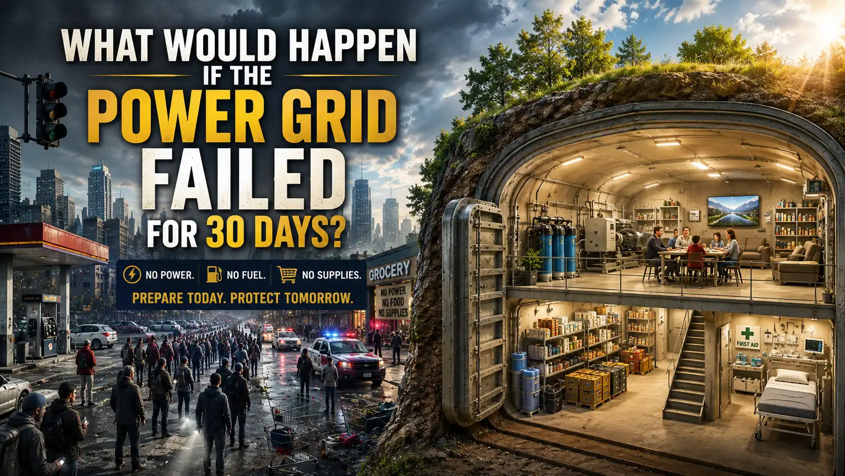 A month-long power grid failure contrasts a dark, powerless city above ground with a modern underground survival community featuring independent power, food storage, and secure living spaces.